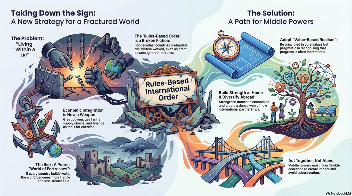 An infographic summary of Prime Minister Carney's monumental speech at the #WorldEconomicForum2026 this week