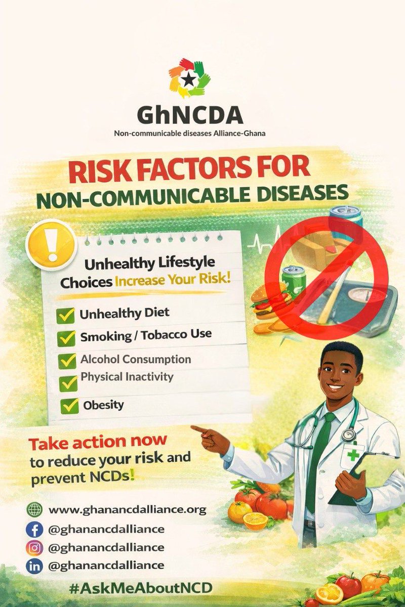 GhanaNcd's tweet photo. Your health is your greatest asset. Small, consistent changes today can prevent a lifetime of medication, hospital visits, and lost productivity tomorrow.
Take action now to reduce your risk of #ncds and protect your future. 
@mohgovgh @ncdalliance @_GHSofficial #askmeaboutNCDs https://t.co/TEWVNBnQ1r
