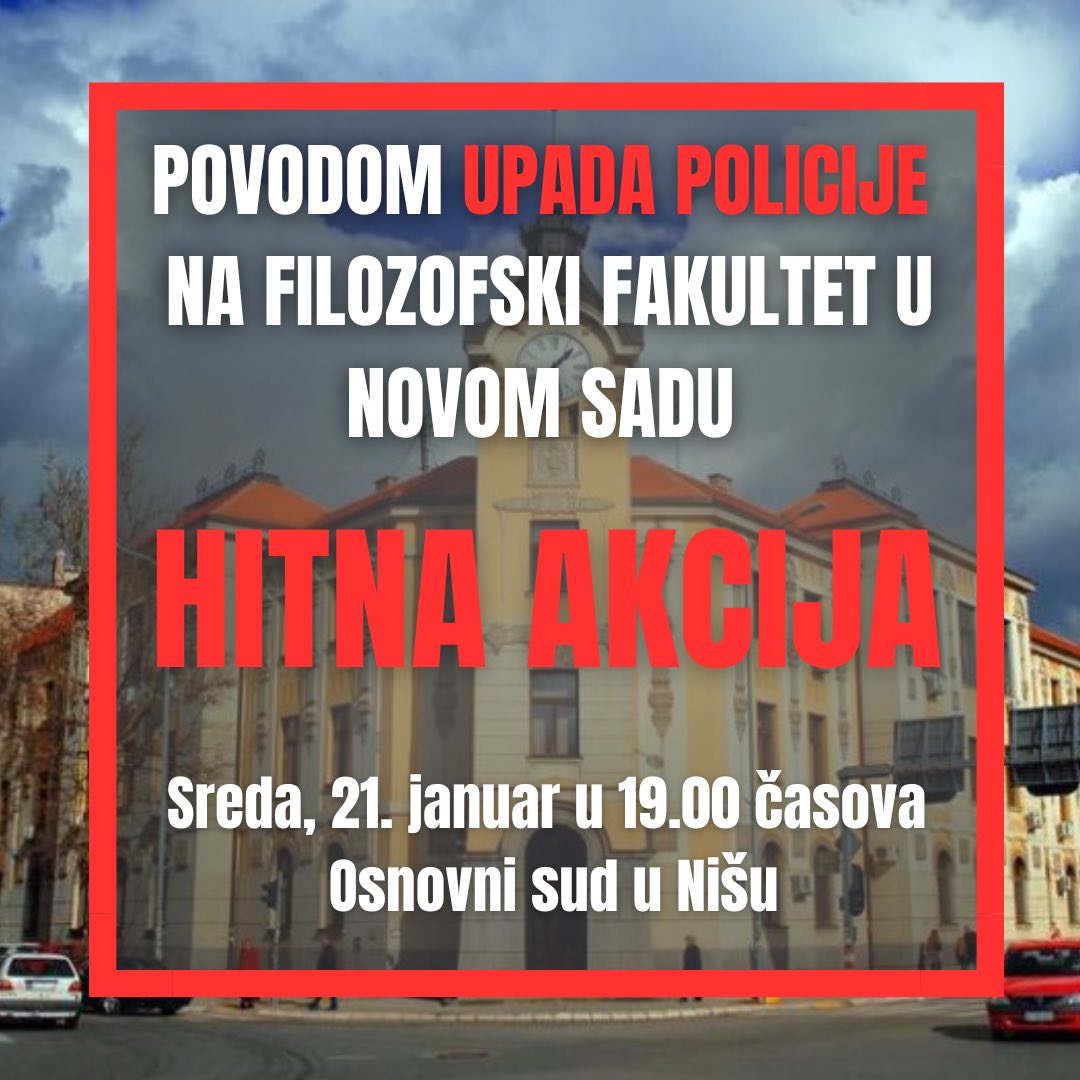 ngs_nis's tweet image. ‼️‼️NIŠ‼️‼️

Pozivamo sve na HITAN PROTEST zbog upada policije na Filozofski fakultet u Novom Sadu! Okupljanje je večeras u 19.00 časova ispred Osnovnog suda.

POLICIJA TUČE NAŠE KOLEGE!
ĆUTANJE NIJE OPCIJA, SVI NA ULICE!

VIDIMO SE!

#niš #studenti