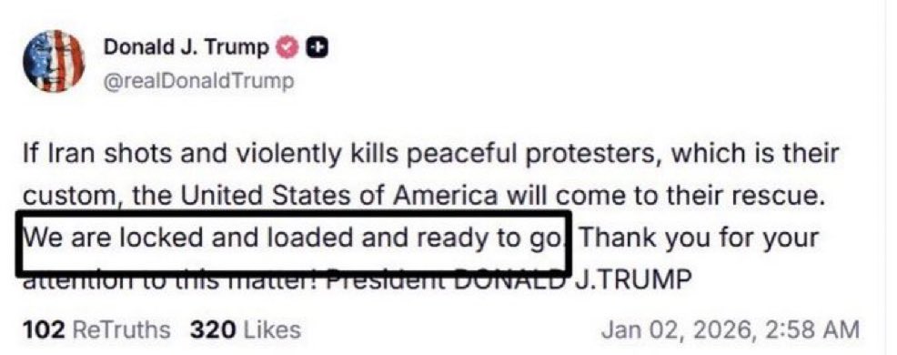 Since President Trump posted this, some 20,000 unarmed Iranian civilians have been massacred.