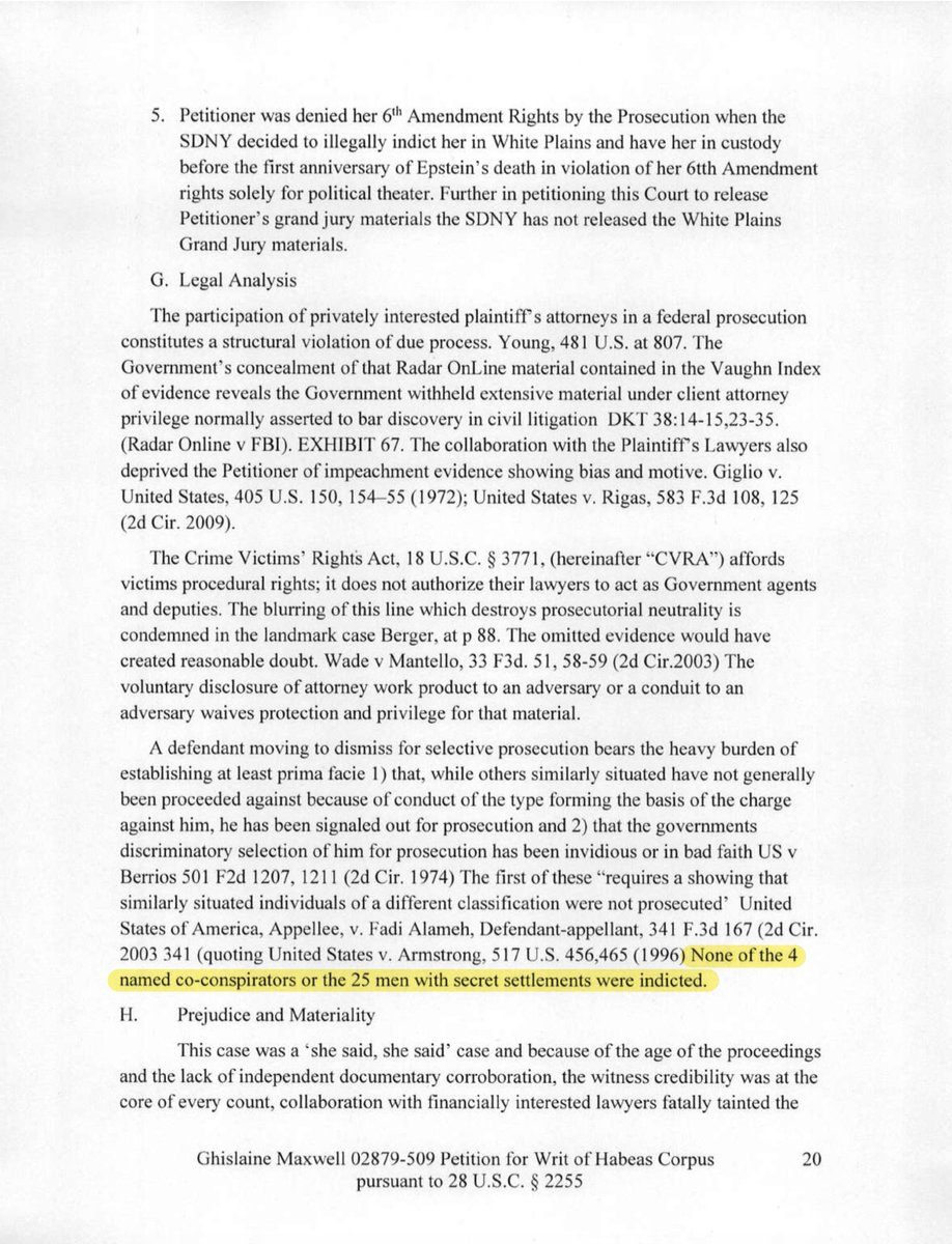Nick__Bryant's tweet photo. The Epstein coverup is in your face: On Dec 17, 2025, Ghislaine Maxwell submitted a habeas corpus petition, which is a formal request to a court that demands a detained person be brought before a judge to determine if his or her imprisonment is lawful. Her habeas corpus petition stated there were 4 co-conspirators and "25 men" who had secret settlements with Epstein's victims, but they weren't indicted. If Maxwell is telling the truth, the Justice Department could impanel a grand jury next week, and seek indictments against the 4 co-conspirators and 25 men. Even if the Trump administration never releases one more document,  the Justice Department has enough evidence to start indicting co-conspirators and perps. Tragically, it is up to us as Americans to compel our government to do the right thing.