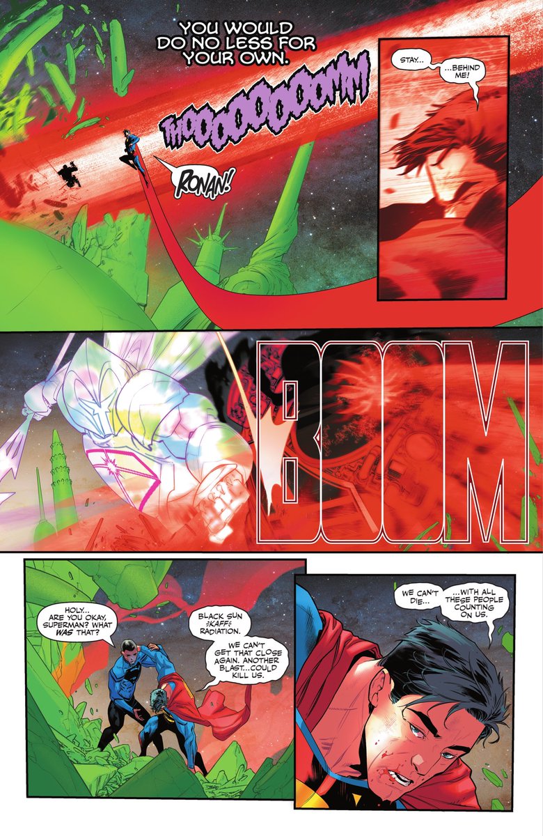 Cameron79777941's tweet photo. Hi @PhillipKJohnson, hope all is well. I loved reading your runs on Action Comics and Incredible Hulk and am currently reading Book of El. I got a bit confused because of this panel, was it meant to say red sun radiation (given the color) or is a black sun something different? https://t.co/ilJTbJIhQf