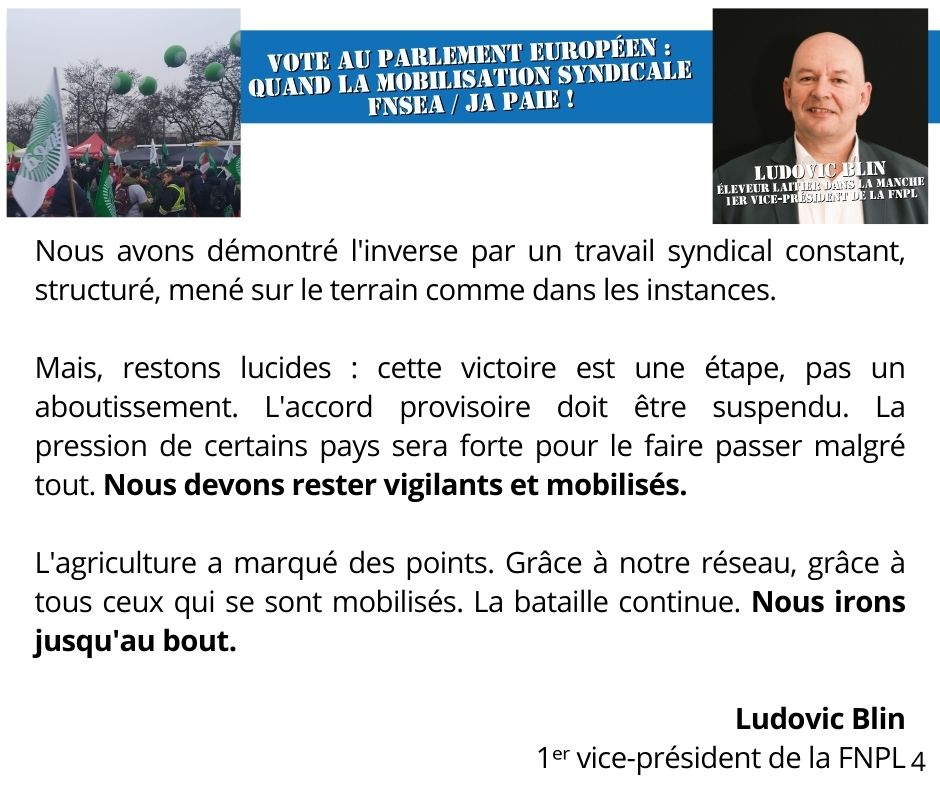 Vote au Parlement européen : quand la mobilisation syndicale <a href="/FNSEA/">La FNSEA</a>  /  <a href="/JeunesAgri/">Jeunes Agriculteurs</a>  paie ! par <a href="/ludovicblin50/">Ludovic Blin</a>
