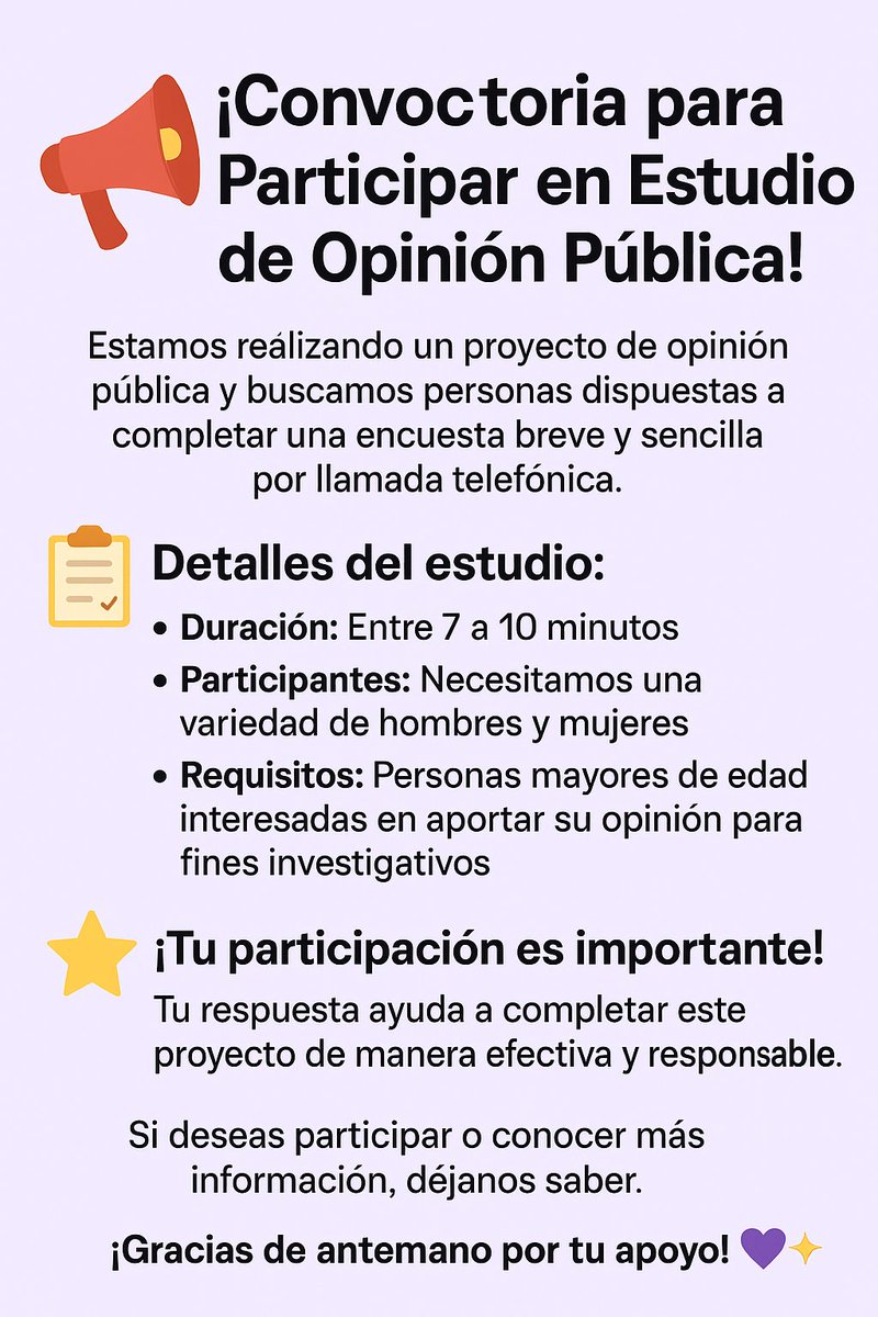 📣✨ Hola, Estoy colaborando en un estudio de opinión pública y necesito personas que quieran participar 🙏
👉 Si te interesa ayudarme, escríbeme por privado, de verdad se los voy a agradecer muchísimo. Mientras más personas consiga, más rápido llego a mi meta 💪