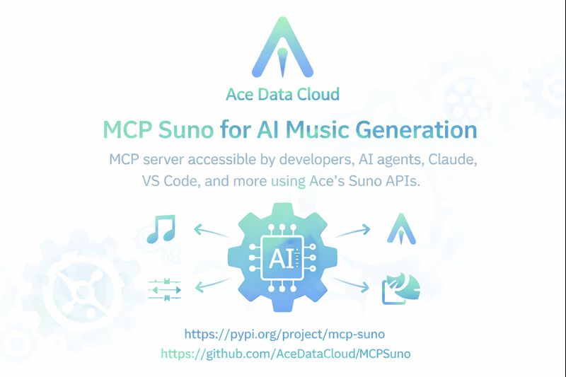 acedatacloud's tweet photo. Today we published an MCP server for Ace Data Cloud.

MCP Suno lets developers and AI agents generate music and lyrics directly from MCP-compatible clients like Claude, VS Code, or any agent framework that supports MCP, powered by Ace’s Suno APIs.

What this enables:

> AI agents generating music from text prompts

> Custom lyrics, styles, and structured song creation

> Extending tracks, creating covers, and remixes

> Persona and voice style reuse

> Programmatic task tracking and retrieval

This turns AI music from a UI-only feature into a callable, automatable capability for agents and developer tools.

Instead of stitching together music APIs, auth, and billing, agents can now create and manage audio as part of larger automated workflows the same way they handle text or data.

We’ll continue exposing more Ace services through MCP so agents can actually run end-to-end systems.

It’s live and open source:

https://t.co/nPLGUc6TF9

https://t.co/8uE0FZZkYT