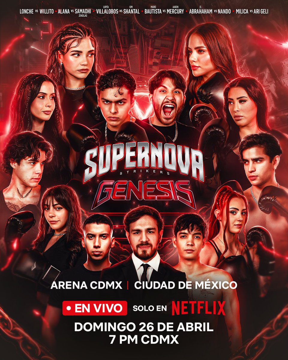 NetflixLAT's tweet image. ¡Bombazo! 💣 El fenómeno estelar de boxeo 'SUPERNOVA: GENESIS' llega SOLO A NETFLIX en vivo este 26 de abril a las 7:00 PM (CDMX). 🥊