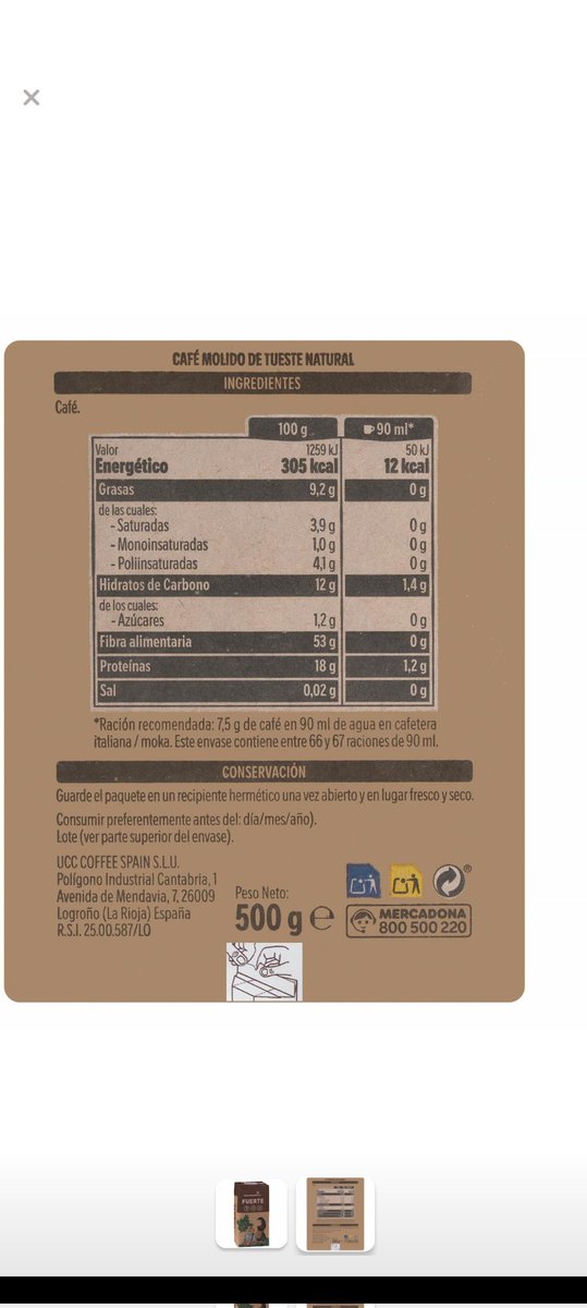 jcgpsevi's tweet photo. @Mercadona 
Hola, ¿me podéis explicar la diferencia entre el café molido fuerte de 500 gr y el de 250 gr? Según pone en la parte de atrás una taza de 90ml tiene diferentes calorías si es de 500 gr o de 250 gr https://t.co/I9GUp7kQiq
