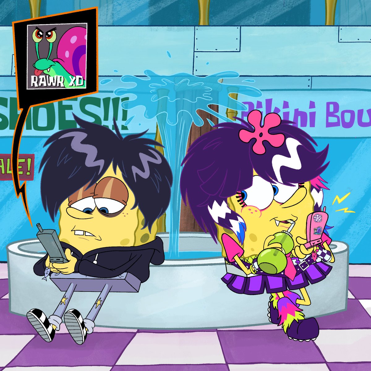 jengleeart's tweet image. For @/softwareangel over on Bsky! I absolutely love their Scene and EmoBob characters!! What better place for them than the mall?