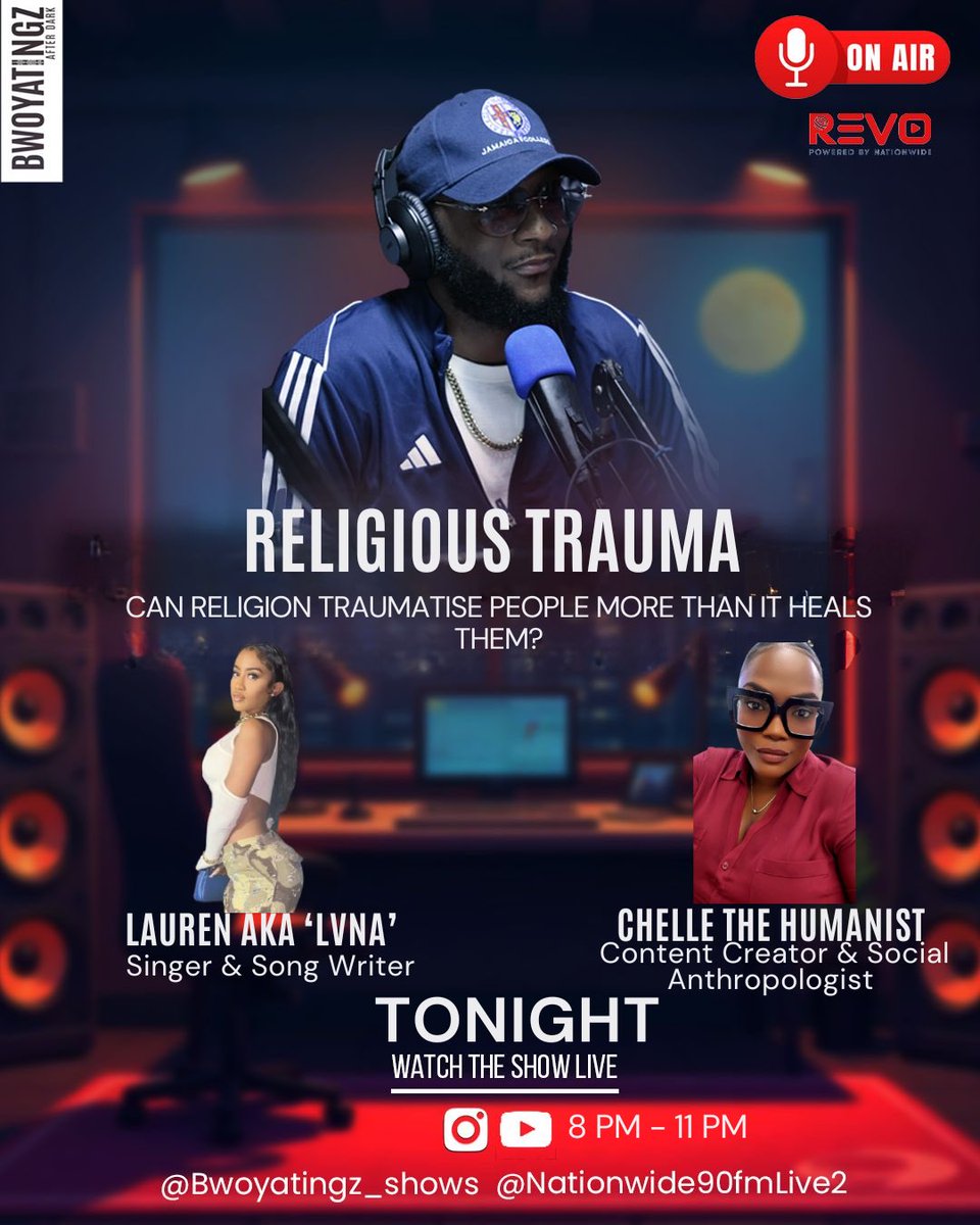 TONIGHT 🔥Can religion traumatise people more than it heals them?

Join us as we reason openly with @onelvna and Chelle the Humanist on what it means to heal, question, and unlearn.

8pm–11pm on Nationwide 90FM call in, comment, and come ready to talk. 🔥
#BwoyatingzAfterDark