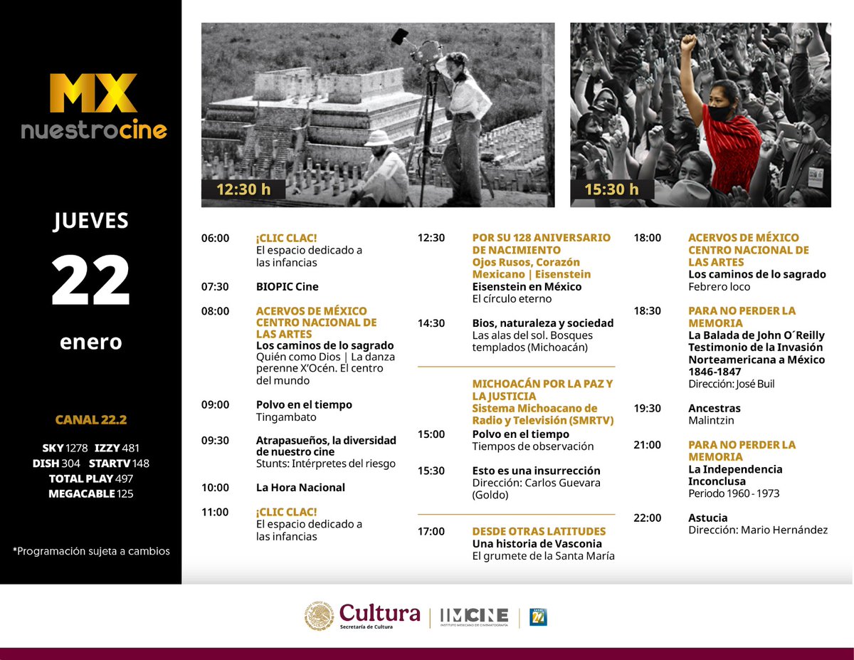 mxnuestrocine's tweet image. Comienza tu día con lo mejor del cine mexicano e iberoamericano en #MxNuestroCine.

👀 Consulta nuestra programación y 📺 sintoniza la señal 22.2

Sky 1278 | Izzi 481 | Dish 304 | StarTV 148 | Totalplay 497 | Megacable 125 | Streaming: canal22.org.mx/mx_nuestro_cin…