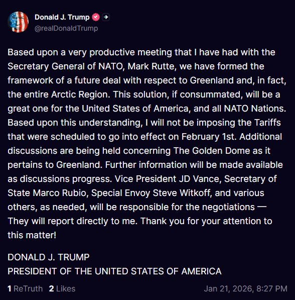 🇩🇰🕊️Notikušas produktīvas sarunas, kuru rezultātā atcelti ES valstīm izsludinātie ASV tarifi, savukārt, ASV saņems atļauju Grenlandē būvēt pretraķešu vairogu, sīkāka info sekos, ziņo ASV prezidents Donalds Tramps.
