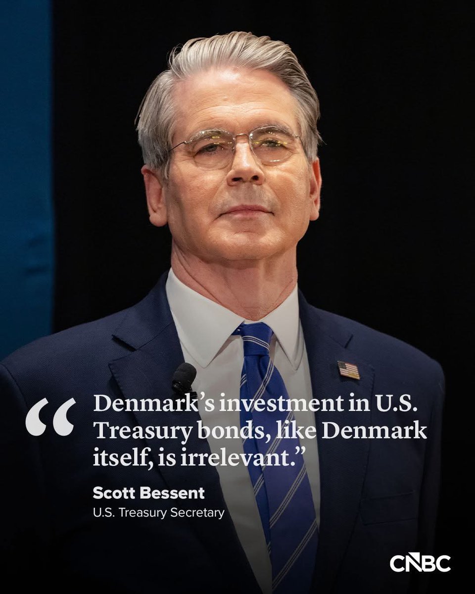 rshereme's tweet image. “Denmark’s investment in U.S. Treasury bonds, like Denmark itself, is irrelevant.”

The U.S. Treasury Secretary Scott Bessent at a press conference at the World Economic Forum.