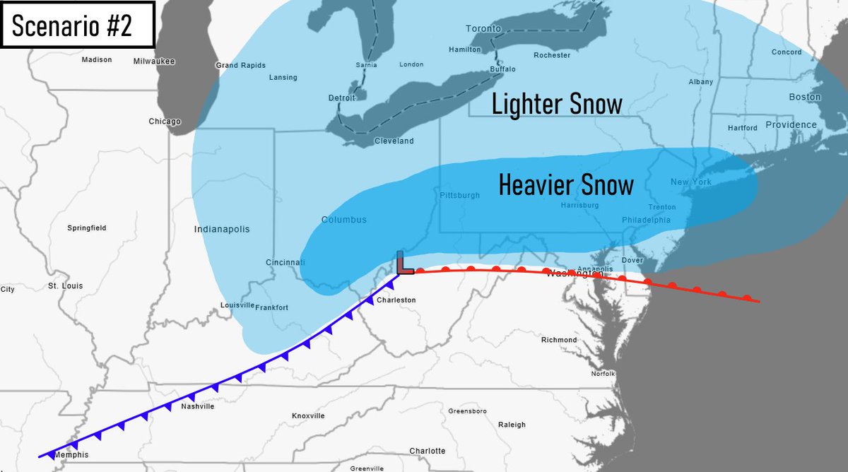 A graphic showing a low pressure and fronts for the more snowy, northern track scenario #2.