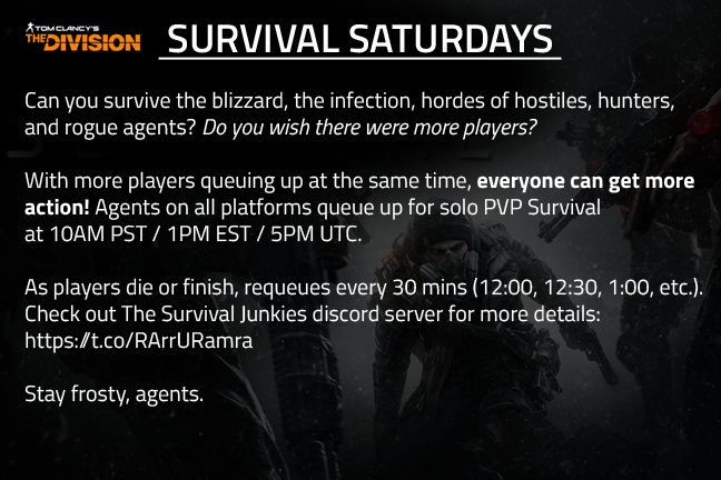 Agents:
SurviveFest continues!
Survival Saturday stream this Saturday (24th)!
See if you have what it takes, and stay frosty.😎