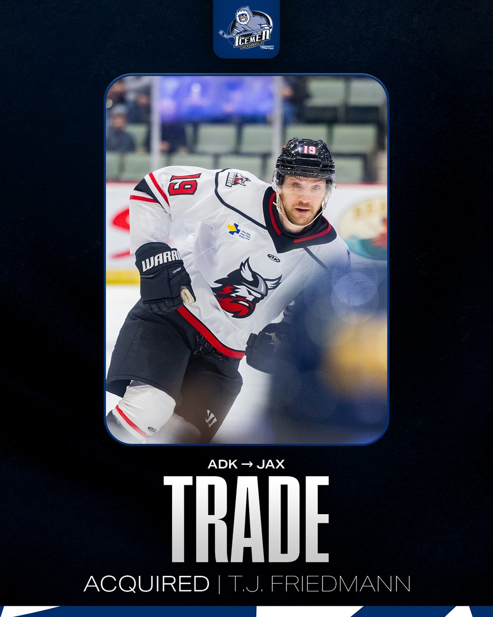 JaxIcemen's tweet photo. Icemen Acquire Forward T.J. Friedmann from Adirondack 🏒 
-
Read More | https://t.co/933pARLvnZ https://t.co/P5jfaptAAo