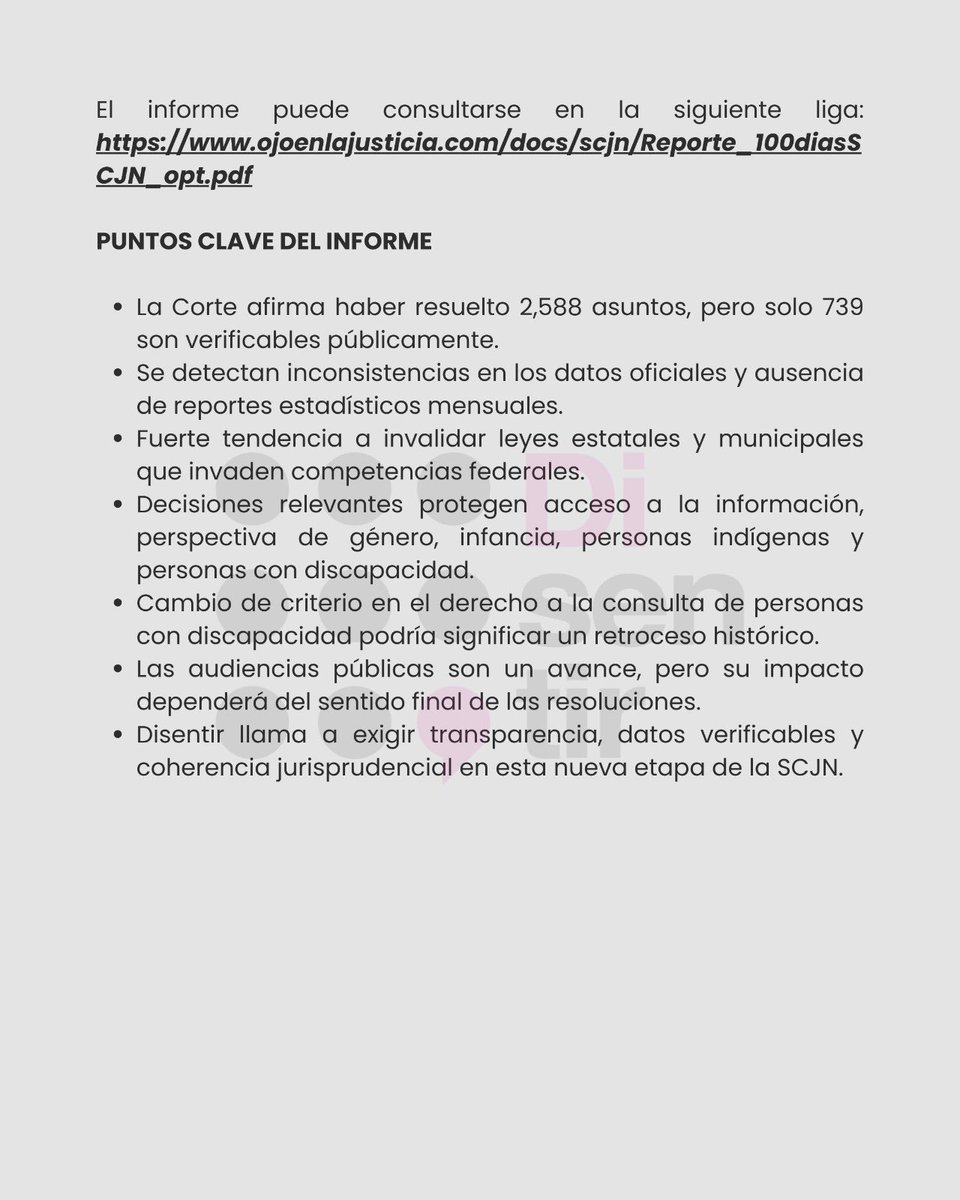 Di_sentir's tweet photo. ❗COMUNICADO ❗
Disentir, a través de Ojo en la Justicia, nos dimos a la tarea de seguir de cerca estos primeros 100 días de trabajo de la primera Suprema Corte de Justicia electa por la ciudadanía y concentramos toda la información en un Informe. 
🔗 https://t.co/WMvDnSX0lZ https://t.co/QS1gM9lhQy