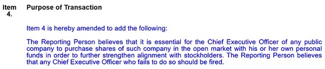 ReesePolitics's tweet image. BREAKING: Ryan Cohen issues statement on 1,000,000 share $GME purchase over two-day span:

Item 4 is hereby amended to add the following: 

“The Reporting Person believes that it is essential for the Chief Executive Officer of any public company to purchase shares of such company…