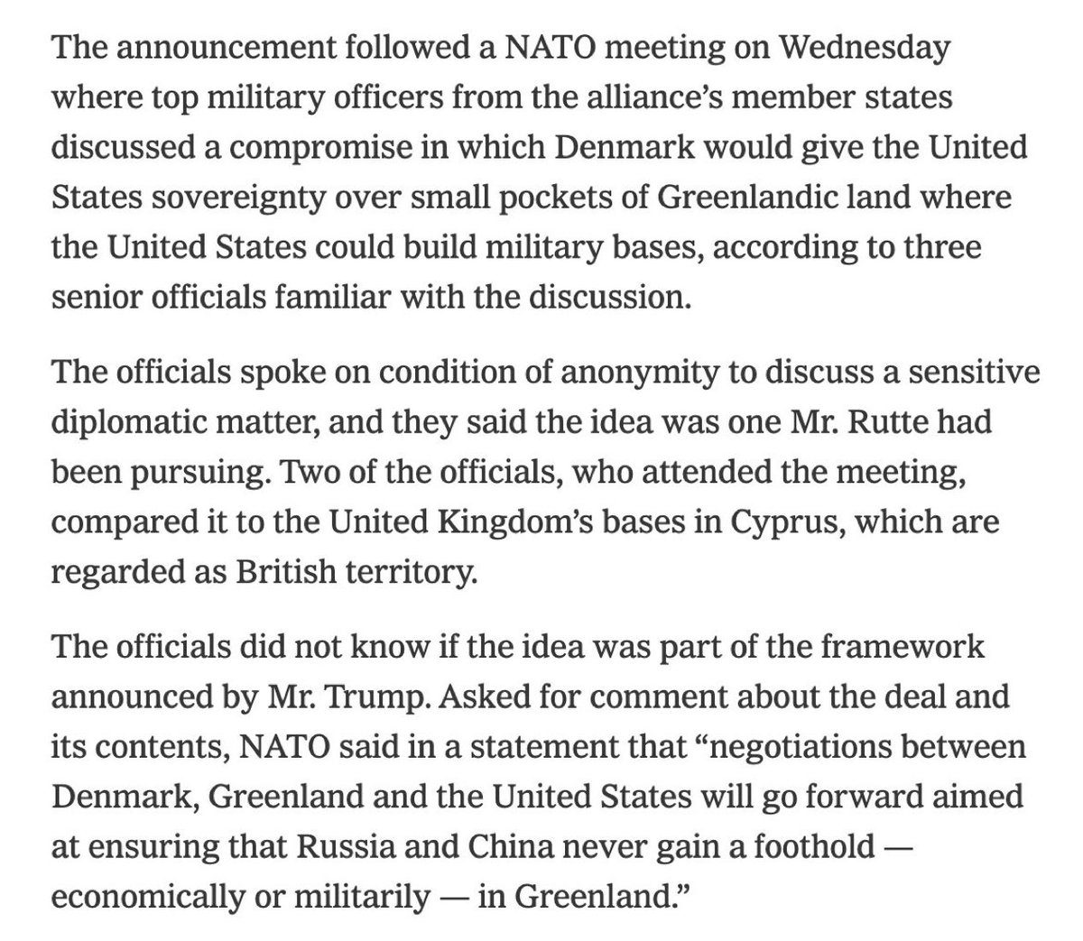 BREAKING: Under Greenland deal, Denmark would give the United States sovereignty over small pockets of Greenlandic land where the United States could build military bases, according to three senior officials familiar with the discussion — NYT