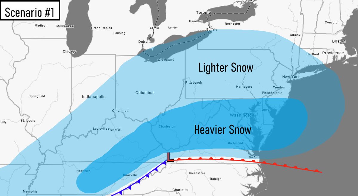 A graphic showing a low pressure and fronts for the less snowy, southern track scenario #1.