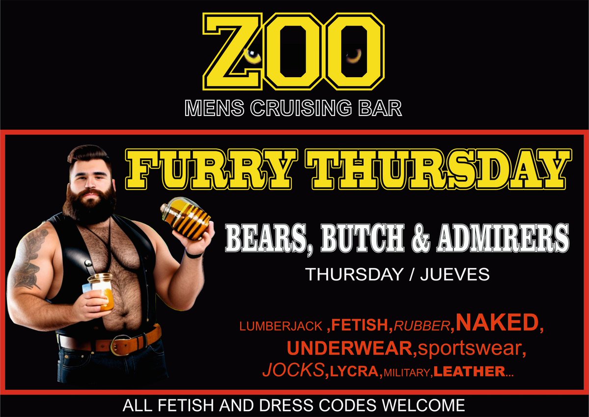 ZooMensBar's tweet image. THURSDAY-JUEVES
BEARS&amp;amp;FRIENDS MIXER
⭐Clients favourite(according to Google)
10€ Entry 1Drink+Snacks Incl.
start 22h (rush hour 23h)
Over 300m² of Cruising&amp;amp;Fun
#gaybear #beargay #gaybears #gaycruising #gayclub #yumbocenter #gaybar #gayfetish #gaygrancanaria #gaymaspalomas