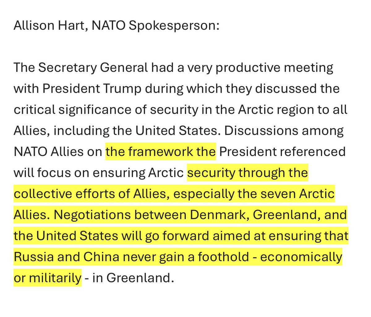 margbrennan's tweet image. Here's how NATO describes the talks with Trump about Greenland. No mention of an "infinite" deal with the US on Greenland. There is mention of what appears the existing diplomatic channel that Vance and Rubio used last week.