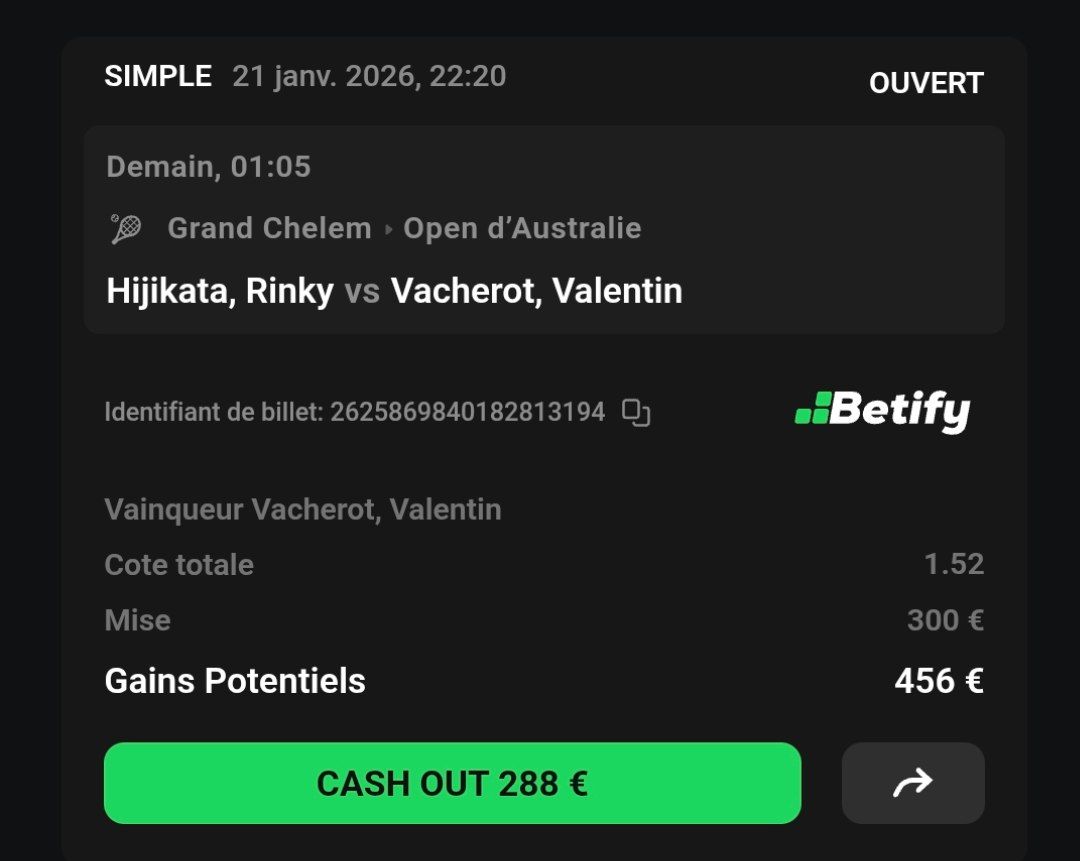 🎾🇦🇺 Hijikata vs Vacherot : Vacherot gagne <a href="/1/">1</a>,52🔥🌵

10€ en Paysafecard à gagner 🎁 

Commente ❤️ / 🔄

⚡️ S'inscrire sur Betify 👉 tinyurl.com/BETIFYOFFICIEL