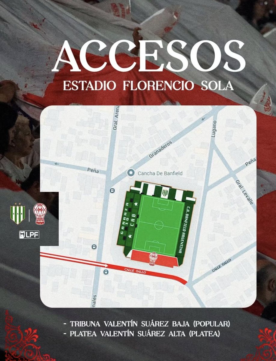 #banfield #huracan El ingreso de la parcialidad del 🎈será por la calle Gallo, y se ubicará en la cabecera Valentín Suárez Baja (popular) y Alta (Plateas) <a href="/CAHuracan/">CA Huracán</a>