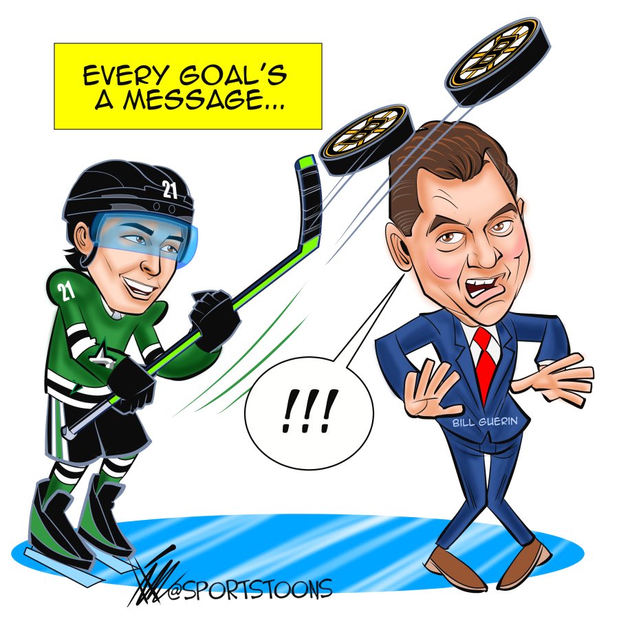 sportstoons's tweet image. Robo nets two against Boston: Every goal’s a message. #TexasHockey