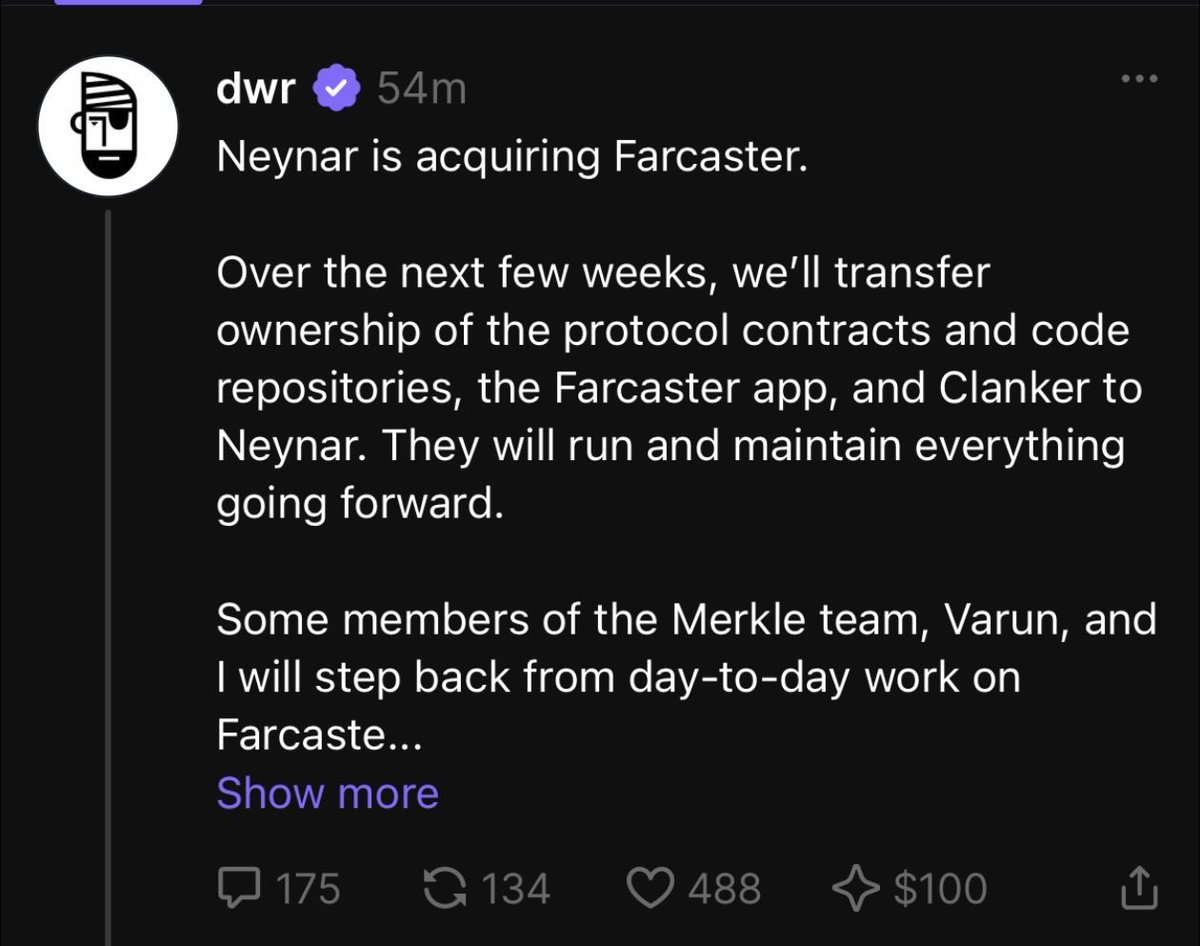 The sale of Farcaster explained

Farcaster started as an idea:

- Dan Romero leaves Coinbase
- wants a social network without platform risk
- users own their identity
- apps can come and go
- teams up with Varun Srinivasan
- builds on Ethereum, later Optimism

2022

- raises $30M