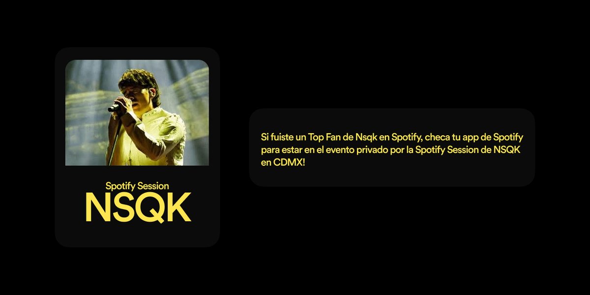 nsqkcharts's tweet image. Spotify Sessions - Nsqk

Si fuiste un Top Fan de Nsqk en Spotify, checa tu app de Spotify para estar en el evento privado por la Spotify Session de NSQK en CDMX!