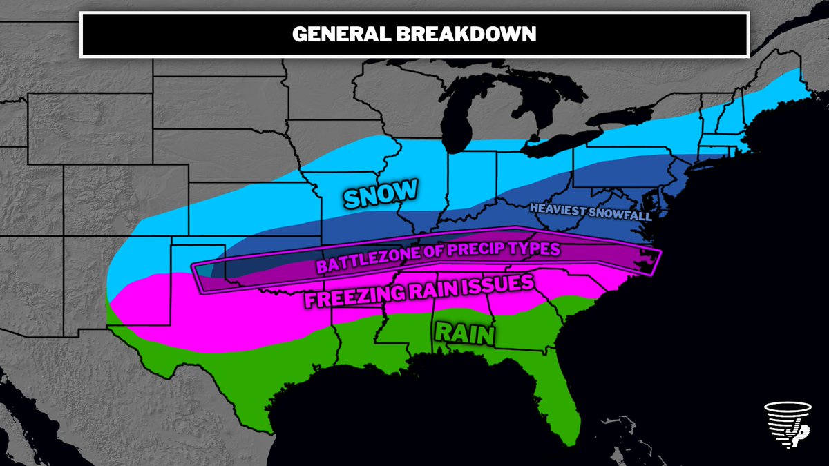 PettusWX's tweet image. Here is a graphic generally explaining what to expect as of now with all the data we have. 

The heaviest snowfall will be areas that are around the transition line to sleet/freezing rain and stay all snow. A few degrees up in the atmosphere will mean everything with this storm.…