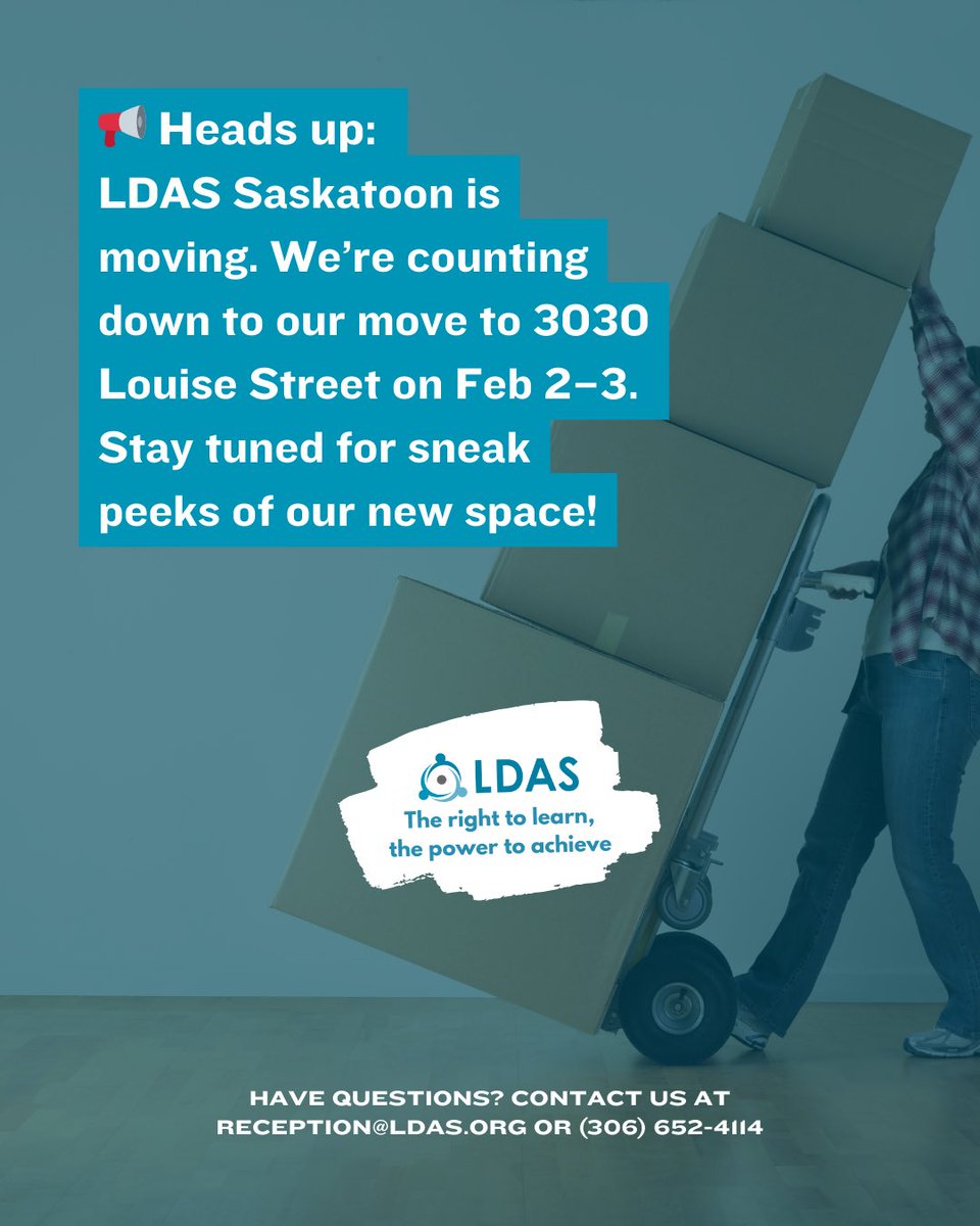 LDASSK's tweet image. We’re counting down to our move to 3030 Louise Street on Feb 2–3. Stay tuned for sneak peeks of our new space! 🩵🩵🩵

#LDAS #MovingSoon #NewOfficeVibes