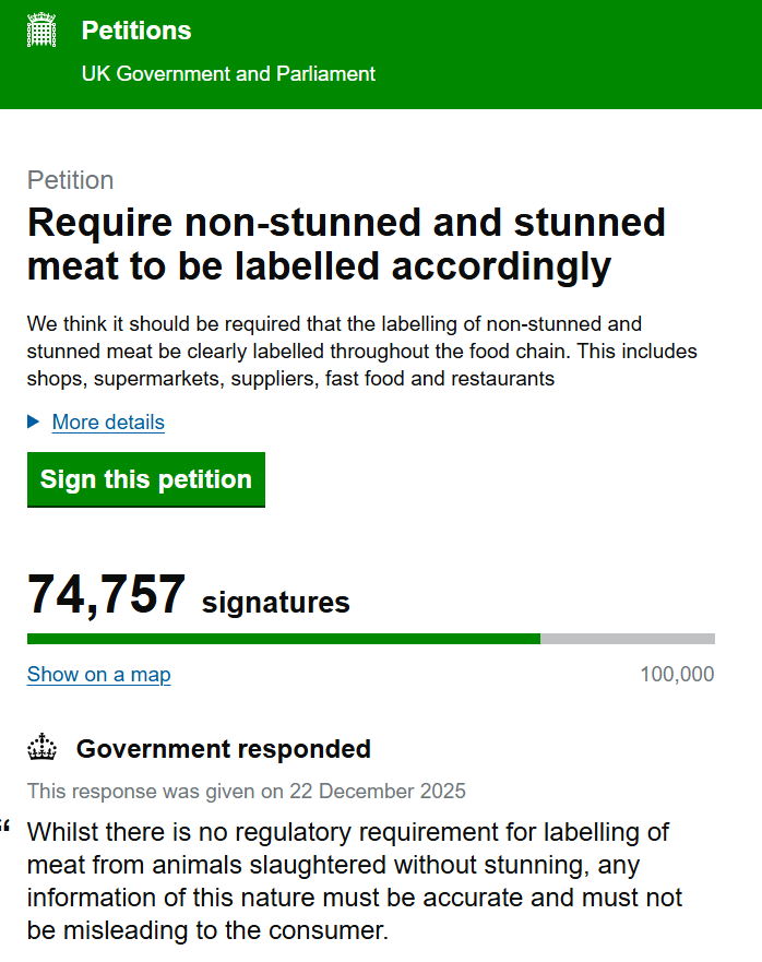 UK MPs are pushing hard to ban non-stun animal slaughter, citing animal welfare concerns—but hold on, a brand new petition is gaining traction, demanding clear labelling on ALL meat: 

Religiously Slaughtered (RS) or Not Religiously Slaughtered (NRS). 

This could be the