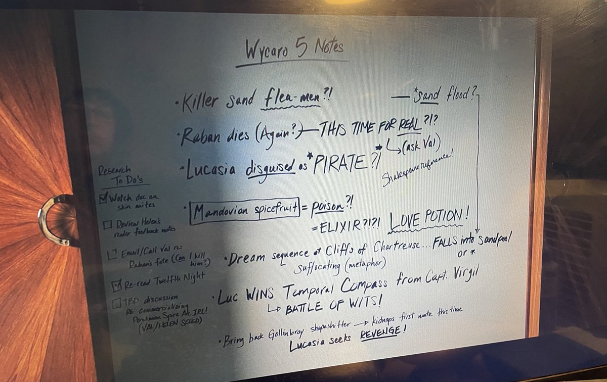 TotallyDank's tweet photo. @daddyhahnn This is probably a reach but in the wycaro 5 notes on the whiteboard one of the bullet points is ‘Lucasia disguised as pirate’ 👀 and also has notes regarding the twelfth night which also involves mistaken identity/disguise https://t.co/bJZCkwCMfW