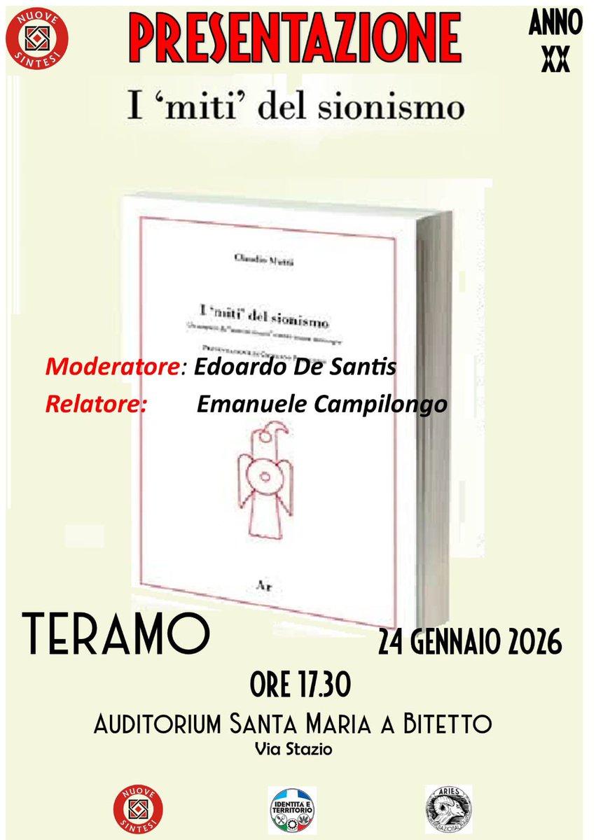 LucaDeLeonardi2's tweet photo. #NuoveSintesi #Ariesonp #IdentitàeTerritorio #Sionismo #Teramo #Abruzzo #Italia https://t.co/JvZYxfOZsi