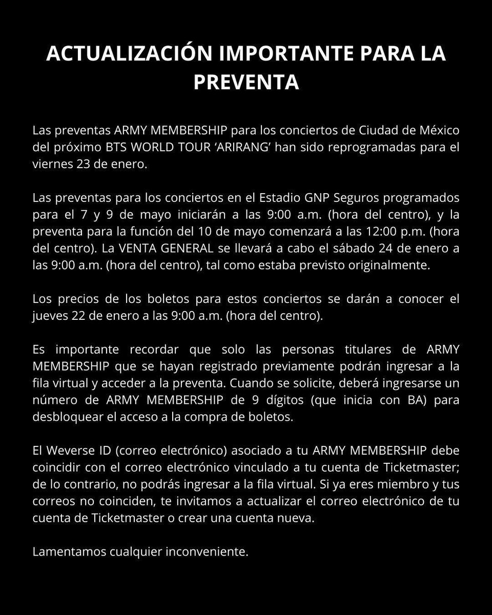ARMY de México ganó:

Ocesa deberá revelar precios para los 3 shows de BTS en México, durante este jueves 22 de enero.