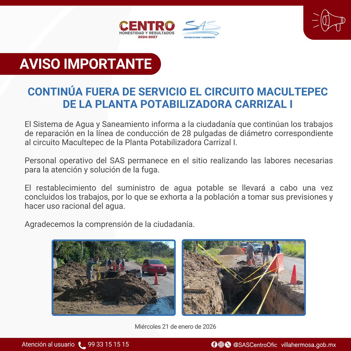 SASCentroOfic's tweet photo. 🚧 Aviso importante
Continúan los trabajos de reparación en el circuito Macultepec de la Planta Potabilizadora Carrizal I.
Agradecemos la comprensión de la ciudadanía.
#AvisoSAS @CentroInforma https://t.co/RxRzIrd389