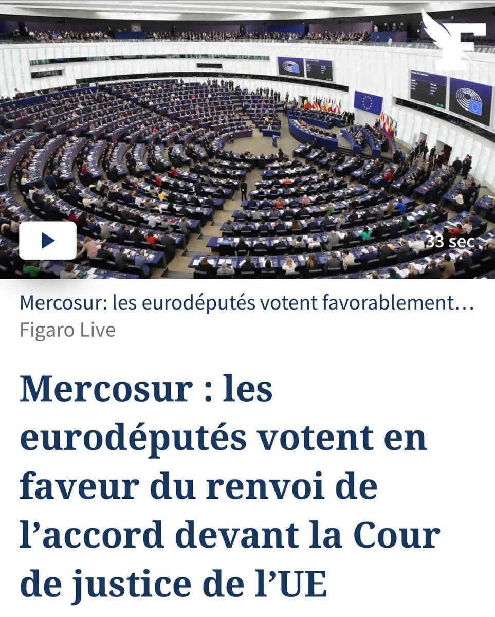 RSouveraine's tweet image. Mercosur, la farce continue.

« Les eurodéputés votent en faveur du renvoi de l’accord devant la Cour de justice de l’UE ».
« Cette saisine de la Cour bloque en théorie l’entrée en vigueur de cet accord commercial pendant plusieurs mois. »
« Dans l’intervalle, la Commission…