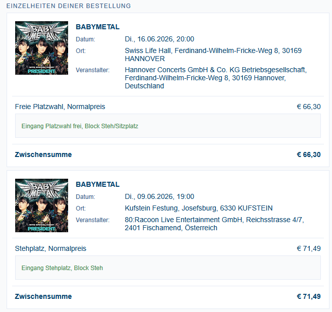 DutchJakeMetal1's tweet photo. Got my tickets for the #Babymetal shows in Hannover and Kufstein, still hoping to also get a show in NL, but also gotta figure out how to get these shows in the first place. https://t.co/jW4mmt0yuS