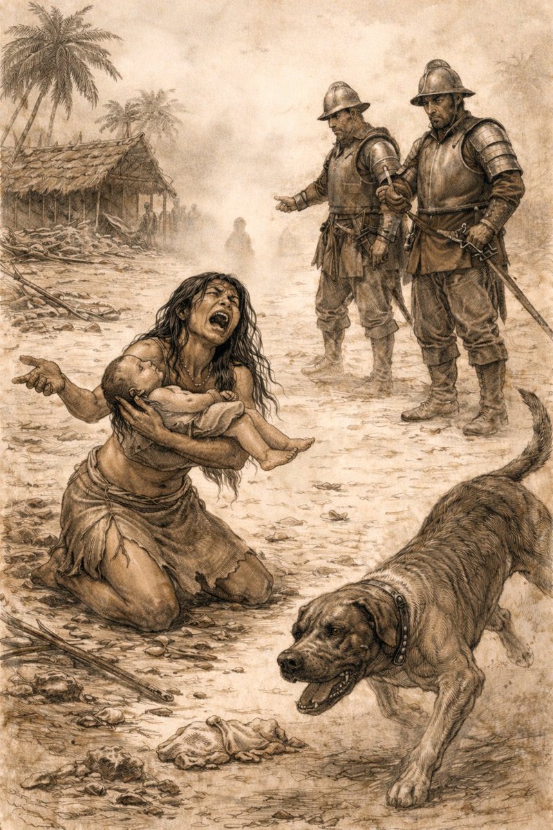 descolonizacio's tweet image. Unos cristianos vieron a una india con su bebé en brazos y, “como el perro que llevaban tenía hambre”, “le arrancaron el niño vivo a la madre y se lo echaron al perro, que lo despedazó delante de ella.” 

- Carta de Fray Pedro de Córdoba a Mr. Chevres, consejero de Carlos I, Rey…