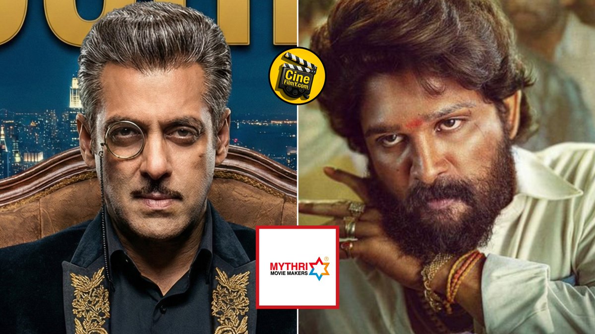 CineFilmY_com's tweet photo. 🚨 𝗘𝗫𝗖𝗟𝗨𝗦𝗜𝗩𝗘 𝗨𝗣𝗗𝗔𝗧𝗘: 𝗧𝗵𝗲 𝗦𝗰𝗿𝗶𝗽𝘁 𝗙𝗹𝗶𝗽! 🔄🎬

​Sources suggest #MythriMovieMakers isn’t waiting for #Pushpa3 to introduce #SalmanKhan. 💥🤯

Due to #AlluArjun's packed schedule till 2028, the makers are reportedly fast-tracking a SOLO MOVIE for #SalmanKhan First! 🎬📉

The universe might start here:
     𝗣𝗨𝗦𝗛𝗣𝗔 𝗕𝗛𝗔𝗨 is now rumored to cameo in Salman’s movie to bridge the worlds. 🦁🤝🐅

#RajAndDK + @MythriOfficial + Megastars? 
The #PushpaUniverse is getting massive. 🌐🔥