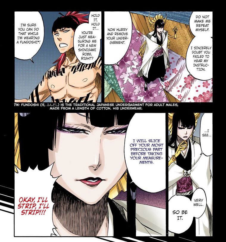 mirioio's tweet image. new leading #theory… what if kisuke didn’t wear an iron loincloth because yoruichi kicked him… what if he actually met senjumaru before and she traumatized him with the same threat…wow