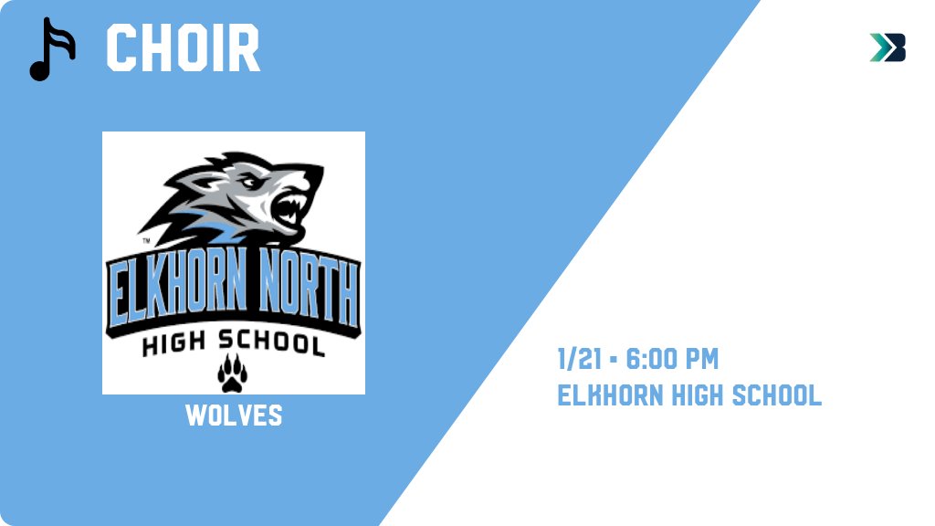 ENHS_Activities's tweet image. Choir (High School) Game Day! - Check out the event preview for the Elkhorn North High School Wolves. It starts at 6:00 PM and is at Elkhorn High School. gobound.com/ne/bound/choir…