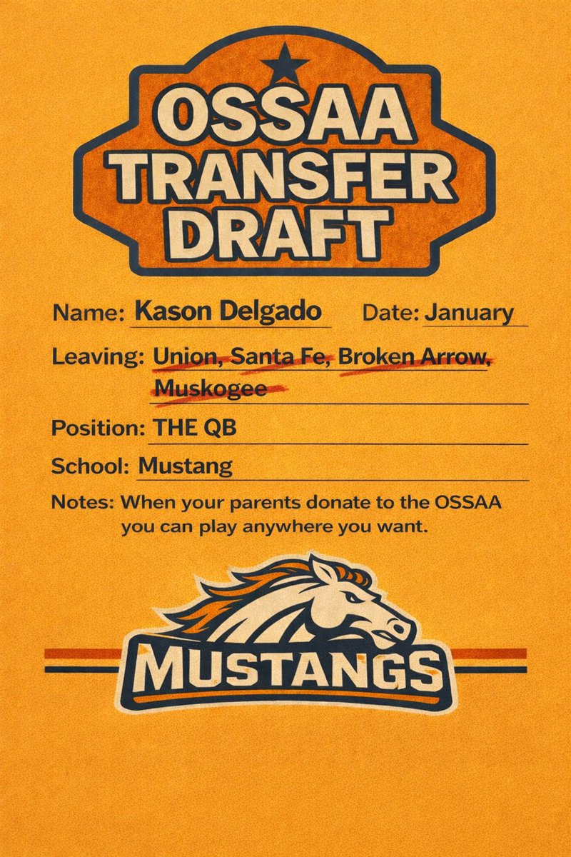 OssaaCompliance's tweet photo. 🚨 TRANSFER DRAFT ALERT 🚨
@KasonDelgado has officially completed his tour of Oklahoma and selected @1BroncoFootball Previous stops include Union, Santa Fe, Broken Arrow (allegedly), and Muskogee.
Compliance has reviewed this and sees no issue
#OSSAA #TransferDraft #FinallyQB1 https://t.co/FAe2nQADFw