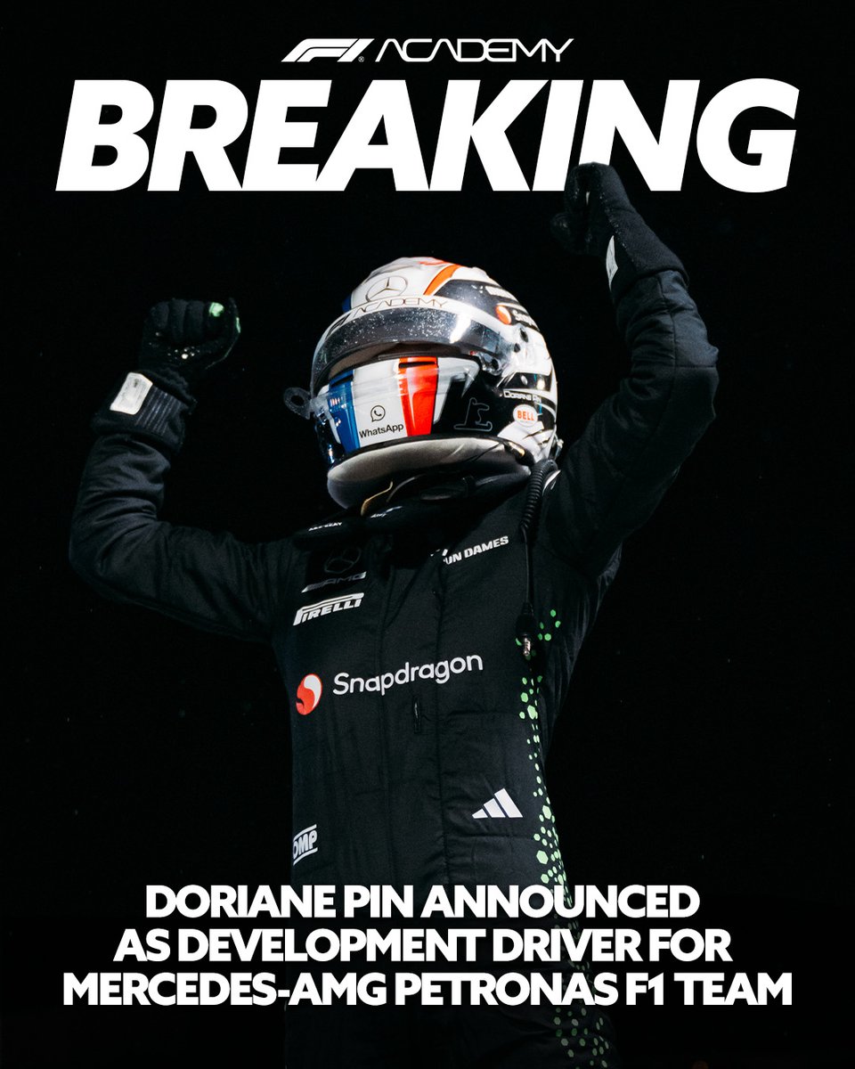 f1academy's tweet image. BREAKING: 2025 Champion Doriane Pin graduates to a Development Driver role with Mercedes-AMG PETRONAS F1. 

Progress in action. 💪 

#F1Academy @MercedesAMGF1 @F1