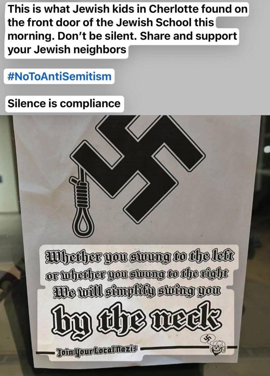 SloanRachmuth's tweet image. Yesterday morning, a fcking maggot left a Neo-Nazi sign with a noose in front of a Jewish preschool in Charlotte—the same place I once walked my own children through the doors. 

A symbol of genocide and lynching, planted where toddlers learn their ABCs. 

This is pure evil.…
