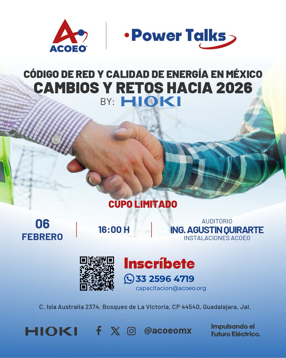 No te pierdas nuestra próxima Power Talk by HIOKI: "Código de Red y Calidad de Energía en México: Cambios y Retos hacia 2026". Un espacio técnico indispensable para los profesionales del sector.

🗓 06 de Febrero. ⏰ 16:00 H. 
⚠️ Regístrate vía WhatsApp al 33 2596 4719