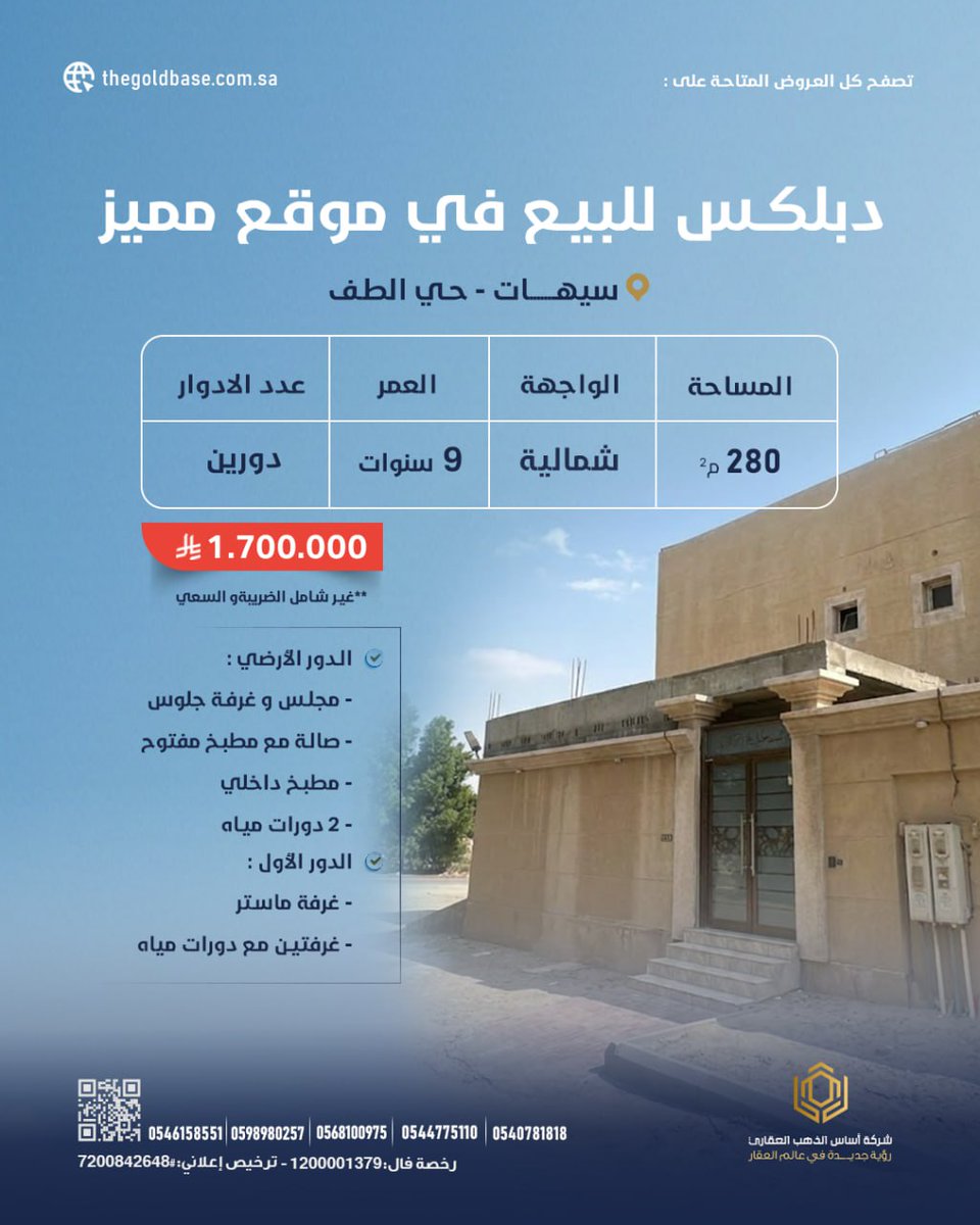 ThegoldBase's tweet photo. 🌟 دبلكس للبيع في  موقع مميز في سيهات ( حي الطف )
—————
🔹مساحه 280 متر 
 🔹دورين  
🔹الواجه شماليه 

💎 الدور الارضي :
دورات المياه 2
مجلس وغرفة جلوس
صالة مع مطبخ داخلي مفتوح 
مطبخ خارجي 

الدور الاول : 
غرفة ماستر 
غرفتين مع دورات مياه

🏷️عمر العقار: ٩ سنوات https://t.co/skWr0POWAg