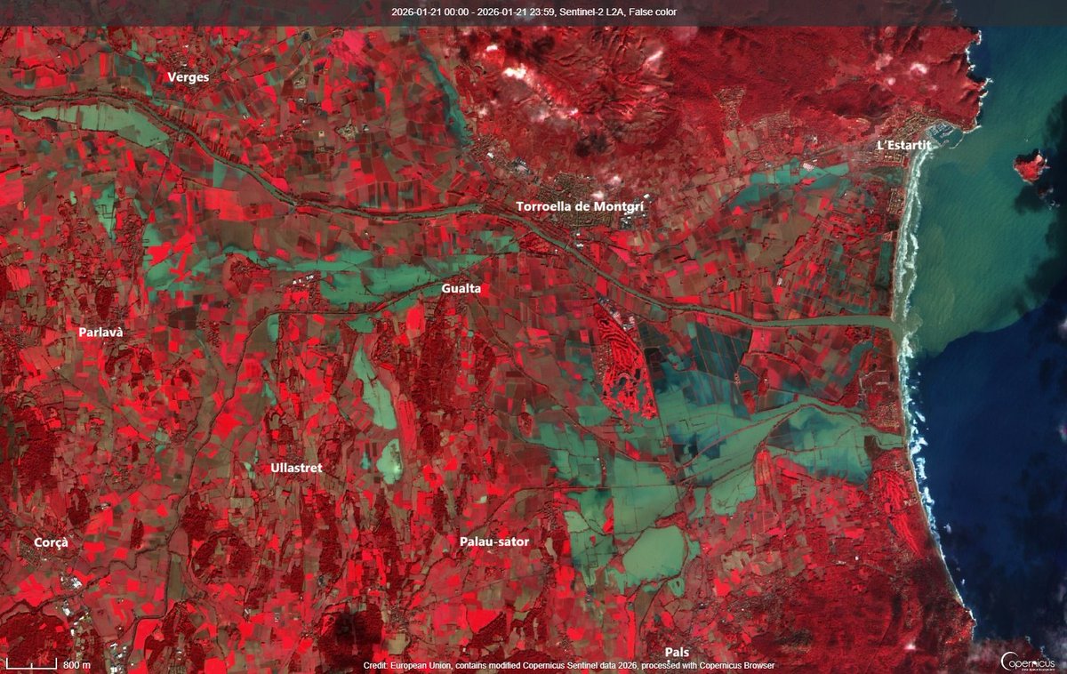 Per guardar aquesta imatge de satèl·lit d'avui de la plana del Baix Emporà i Baix Ter amb àmplies zones inundades. La llevantada ens recorda que l'Empordà és terra de llacunes, maresmes, aiguamolls, antics estanys (s'hi distingeix més d'un). L'aigua recupera el que abans era seu.