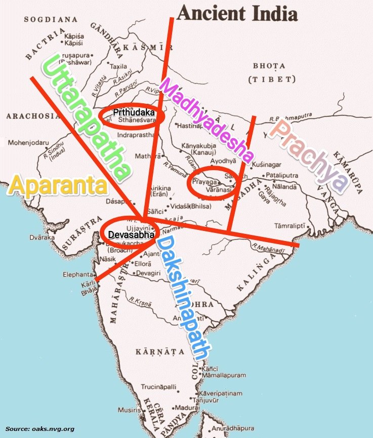 🧵 Traditional divisions of India.

According to"Kavyamimansa" of Rajashekhara (900 AD) &amp; "Bhuvanakosha section" of the Puranas, India was divided into "5 divisions":

1) Madhyadesha (Central India)

2) Uttarapatha/ Udichya (Northern India)

3) Prachya (Eastern India)

4)